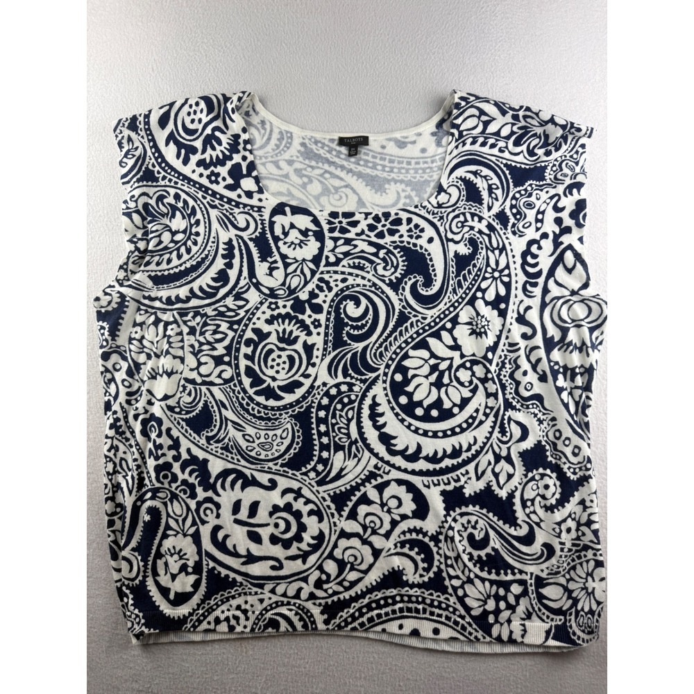 Talbots‎ Plus Womens 2X Navy Blue White Paisley Knit Sleeveless Scoop Neck Top